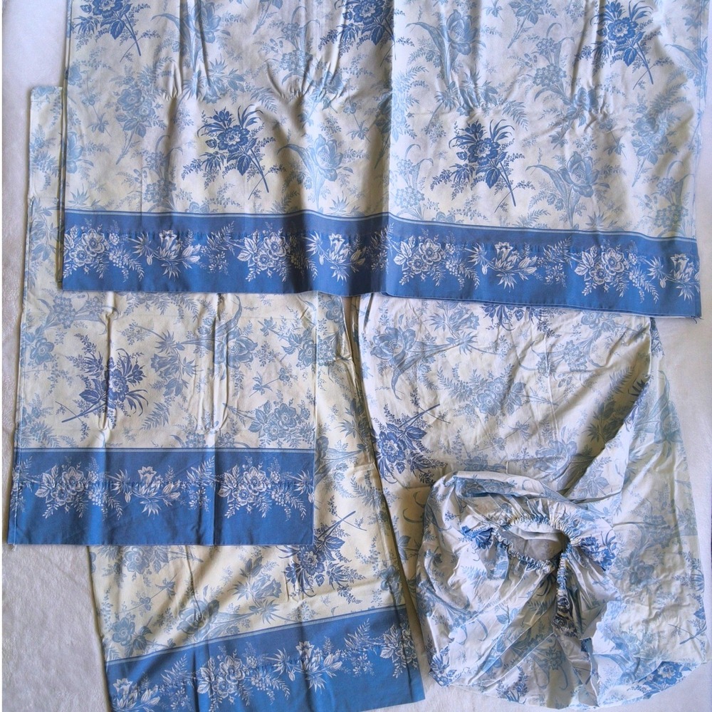 Vintage WestPoint Stevens Sheet Set Queen Blue White Floral Toile USA Made 4pc